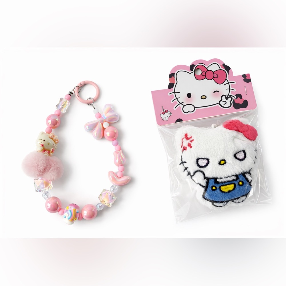 Hello Kitty Pink and White‎ Beaded keychain with Charm